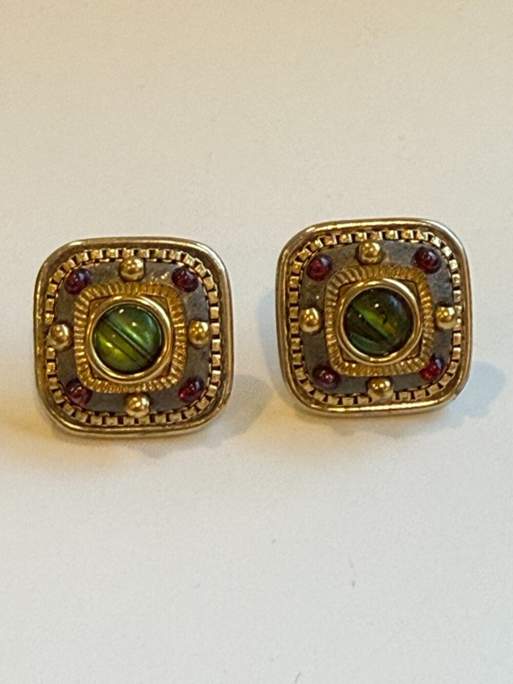 Vintage Ornate Gold Square Post Earrings Green Cabochon